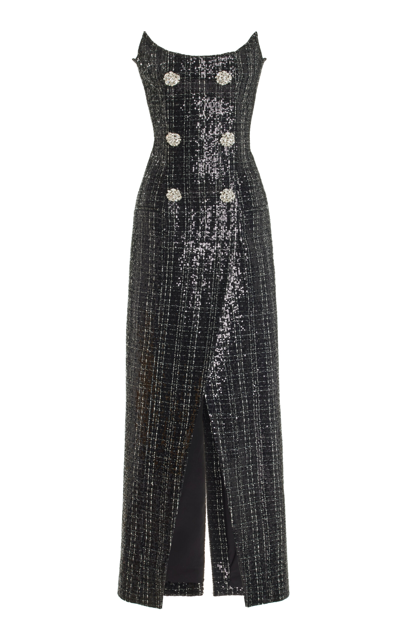 Shop Balmain Glittered Tweed Bustier Maxi Dress In Black