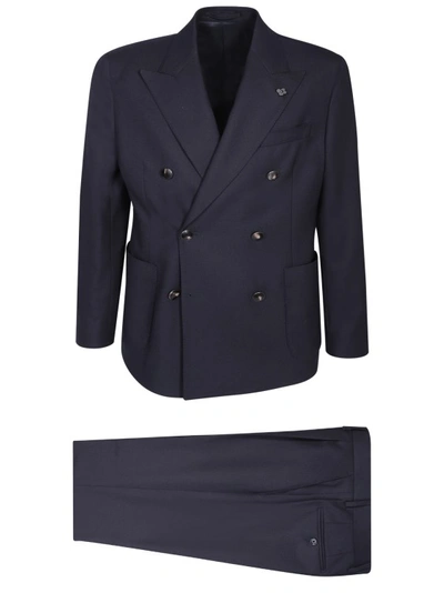 Shop Lardini Blue Double-breasted Suit In Black