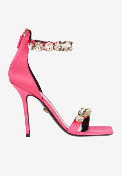 Shop Versace 85 Crystal-embellished Satin Sandals In Pink