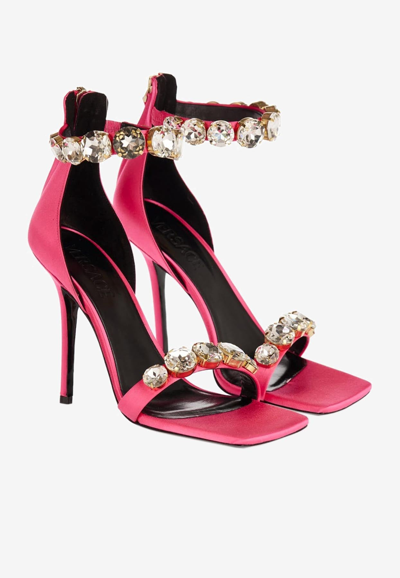 Shop Versace 85 Crystal-embellished Satin Sandals In Pink