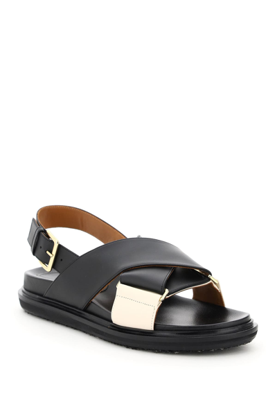 Shop Marni Fussbett Leather Sandals In Black Silk White (black)