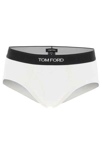 Shop Tom Ford Cotton Briefs With Logo Band In Bianco Ottico Unito (white)