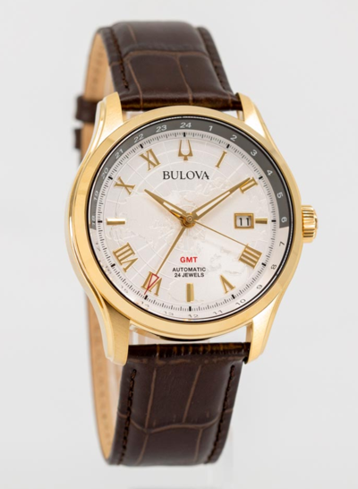 Pre-owned Bulova Wilton Gmt Automatic Sapphire Gold Tone Silver White Dial Watch 97b210