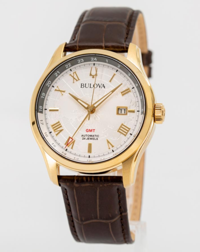 Pre-owned Bulova Wilton Gmt Automatic Sapphire Gold Tone Silver White Dial Watch 97b210
