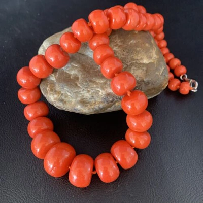 Pre-owned Handmade Usa Womens Navajo Graduated Bamboo Coral 1 Strand Sterling Necklace 22" 13523 In Orange