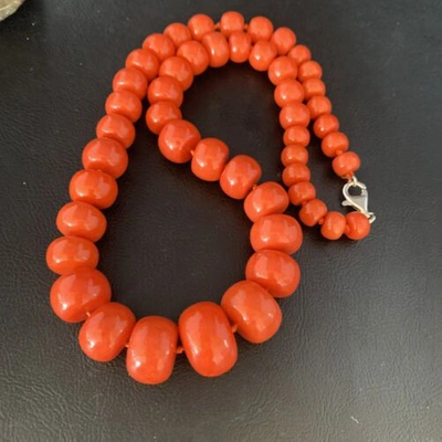Pre-owned Handmade Usa Womens Navajo Graduated Bamboo Coral 1 Strand Sterling Necklace 22" 13523 In Orange