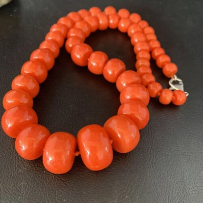 Pre-owned Handmade Usa Womens Navajo Graduated Bamboo Coral 1 Strand Sterling Necklace 22" 13523 In Orange