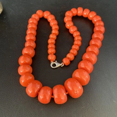 Pre-owned Handmade Usa Womens Navajo Graduated Bamboo Coral 1 Strand Sterling Necklace 22" 13523 In Orange