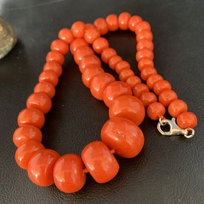 Pre-owned Handmade Usa Womens Navajo Graduated Bamboo Coral 1 Strand Sterling Necklace 22" 13523 In Orange