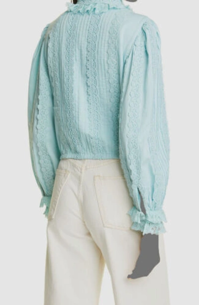Pre-owned Alice And Olivia $395 Alice + Olivia Women's Blue Cotton Lace & Pintuck Blouse Top Size M