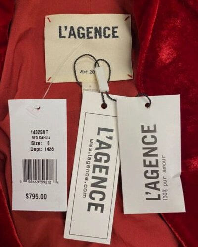 Pre-owned L Agence $795 L'agence Women's Red Velvet Double Breasted Silk Blazer Coat Jacket Size 8