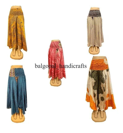 Pre-owned Handmade Wholesale 20 Pcs Vintage Sari Printed Wide Leg Boho Gypsy Palazzo Pants Trousers In Multicolor