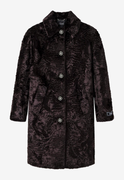 Shop Versace Faux-fur Barocco Coat In Brown