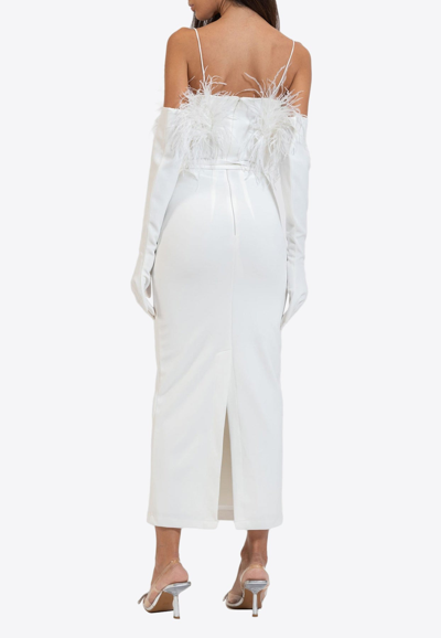 Shop Zeena Zaki Feather-embellished Midi Dress In White