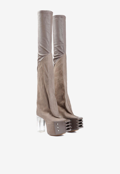 Shop Rick Owens Flared 115 Thigh-high Platform Boots In Taupe