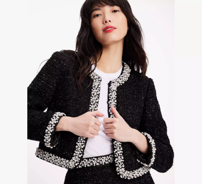 Shop Kate Spade Embellished Tweed Jacket In Black
