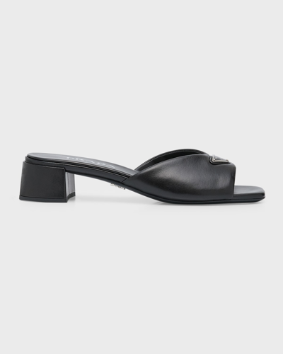 Shop Prada Leather Block-heel Mule Sandals In F0002 Nero