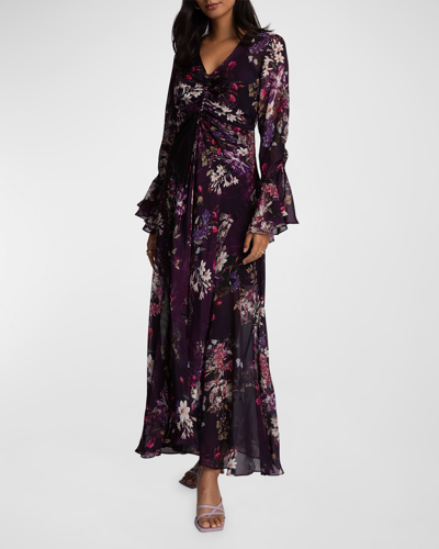Shop Robert Graham Diana Floral-print Bell-sleeve Maxi Dress In Aubergine