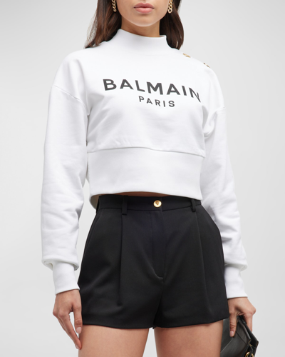 Shop Balmain 3-button Logo-print Crop Sweatshirt In White/black