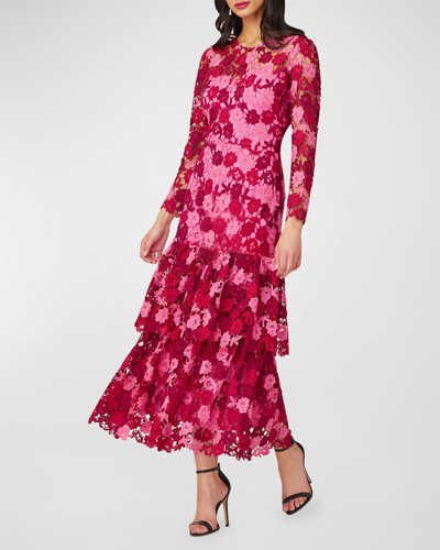 Shop Shoshanna Ruffle Tiered Floral Lace Midi Dress In Magentapinkburgun