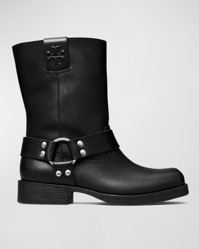 Shop Tory Burch Leather Harness Short Biker Boots In Perfect Black