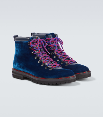 Shop Manolo Blahnik Calaurio Velvet Lace-up Boots In Blue