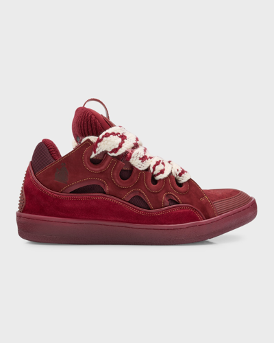Shop Lanvin Men's Curb Suede Chunky Low-top Sneakers In 39 - Burgundy