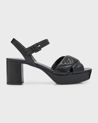 Shop Prada Quilted Leather Ankle-strap Platform Sandals In F0002 Nero