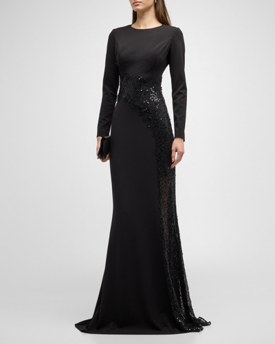 Shop Rickie Freeman For Teri Jon Long-sleeve Sequin Lace & Crepe Trumpet Gown In Black