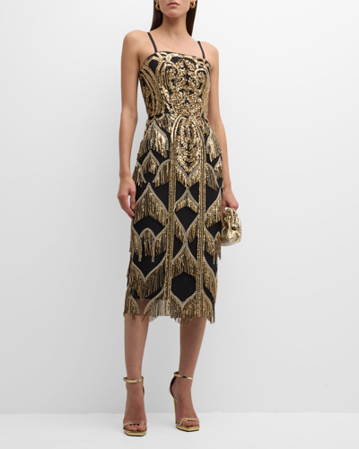 Shop Dress The Population Black Label Morgan Sequin Fringe-trim Bodycon Midi Dress In Gold-black