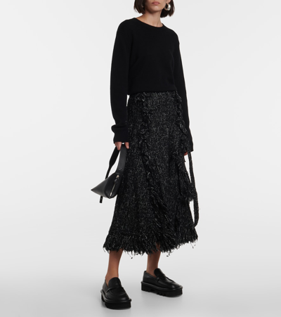 Sacai Fringed Flared Tweed Midi Skirt In Black