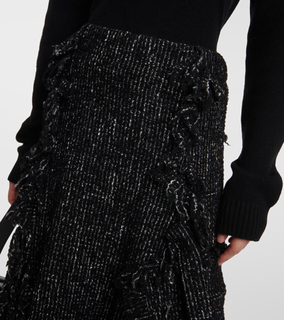 Sacai Fringed Flared Tweed Midi Skirt In Black