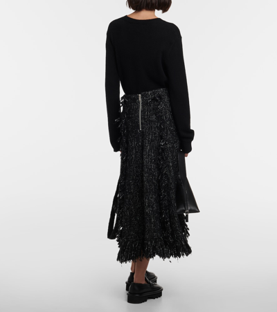 Sacai Fringed Flared Tweed Midi Skirt In Black