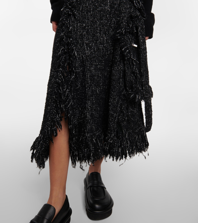 Sacai Fringed Flared Tweed Midi Skirt In Black