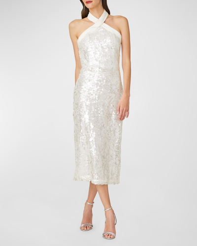 Shop Shoshanna Sleeveless Sequin Halter Midi Dress In Pearl