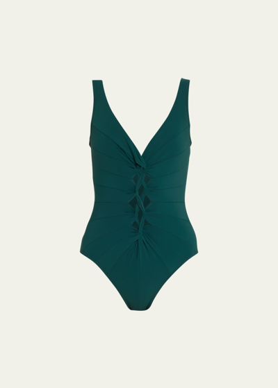 Shop Karla Colletto Eleni V-neck Silent Underwire One-piece Swimsuit In Spruce