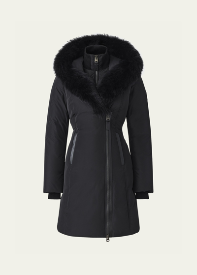 Shop Mackage Kay Layered Parka Coat W/ Shearling Trim In Black