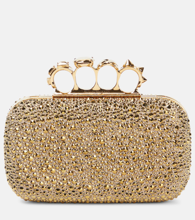 Shop Alexander Mcqueen Knuckle Embellished Leather Clutch In Gold