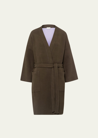 Shop Hanro Belted Double-face Cotton Robe In Olive
