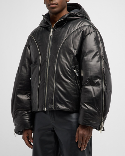 Shop Versace Men's Leather Down Jacket With Zippers In Black