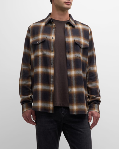 Shop Frame Men's Brushed Plaid Button-down Shirt In Marron