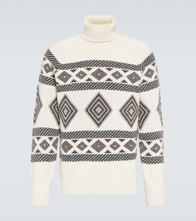 Shop Brunello Cucinelli Cashmere Jacquard Turtleneck Sweater In White
