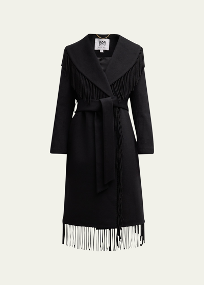 Shop Milly Shawl-collar Fringe Wool Coat In Black