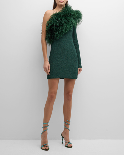 Shop Lapointe Feather-trim Textured Metallic Jersey One-shoulder Mini Dress In Emerald