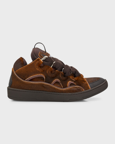 Shop Lanvin Men's Curb Pony-effect Leather Low-top Sneakers In 60 - Brown