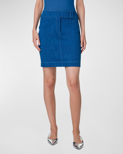 Shop Akris Punto Low-waist Washed Denim Mini Skirt In Medium Blue Denim