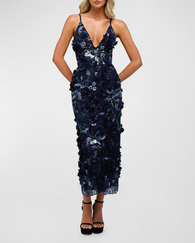 Shop Helsi Nora Deep V-neck Sequin & Applique Midi Dress In Navy Floral