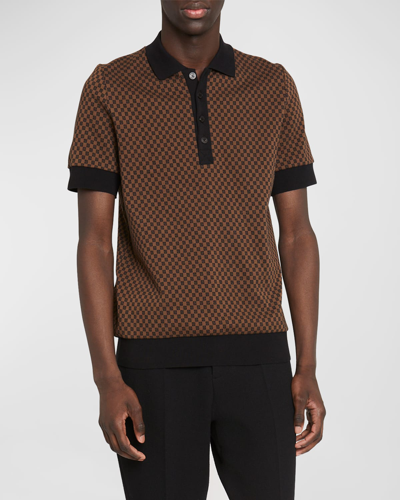 Shop Balmain Men's Mini Monogram Jersey Polo Shirt In Brown/black