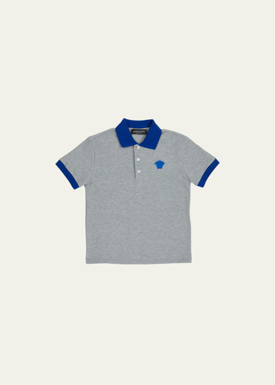 Shop Versace Boy's Medusa Cotton Piqué Polo Shirt In Melange Grey Bed