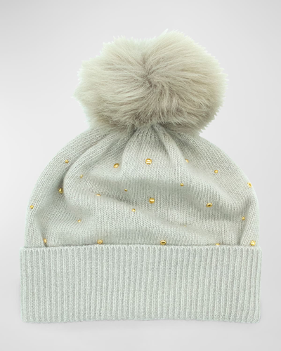 Shop Portolano Cashmere Studded Beanie With Faux Fur Pom In Pelican Gr